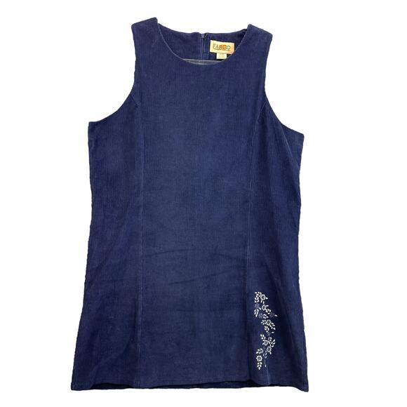 Fargo Women's Dress Corduroy Shift Dress Blue Embroidered Flowers Size 13/14 - Picture 1 of 7